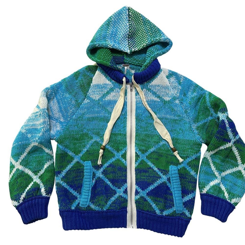 Free People Chunky Knit Hooded Cardigan Sweater M Zip Up Argyle Boho Cozy Y2K
